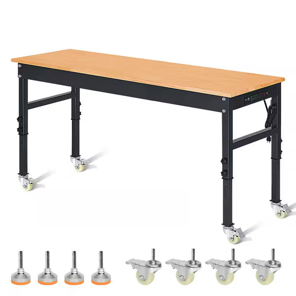 Heavy-Duty Work Bench Built to Support Professional Projects, Oak Wood Top, Steel Frame, Power Outlets