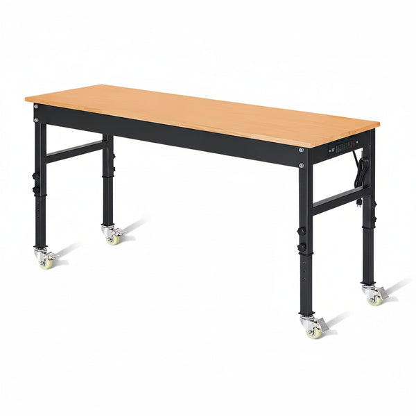 Heavy-Duty Work Bench Built to Support Professional Projects, Oak Wood Top, Steel Frame, Power Outlets