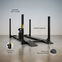 4-Post Car Lift Built for Vehicle Storage, 8000 lb Capacity, Extended 220 in Length, Cable Drive System — Feature Infographic
