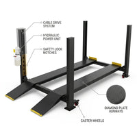 4-Post Car Lift Built for Vehicle Storage, 8000 lb Capacity, Extended 220 in Length, Cable Drive System — How It Works