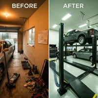 4-Post Car Lift Built for Vehicle Storage, 8000 lb Capacity, Extended 220 in Length, Cable Drive System — Before & After