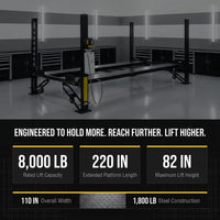 4-Post Car Lift Built for Vehicle Storage, 8000 lb Capacity, Extended 220 in Length, Cable Drive System — Results & Stats